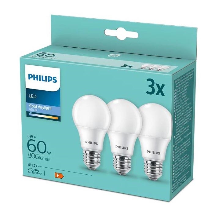 SET 3x LED Žarulja Philips A60 E27/8W/230V 6500K