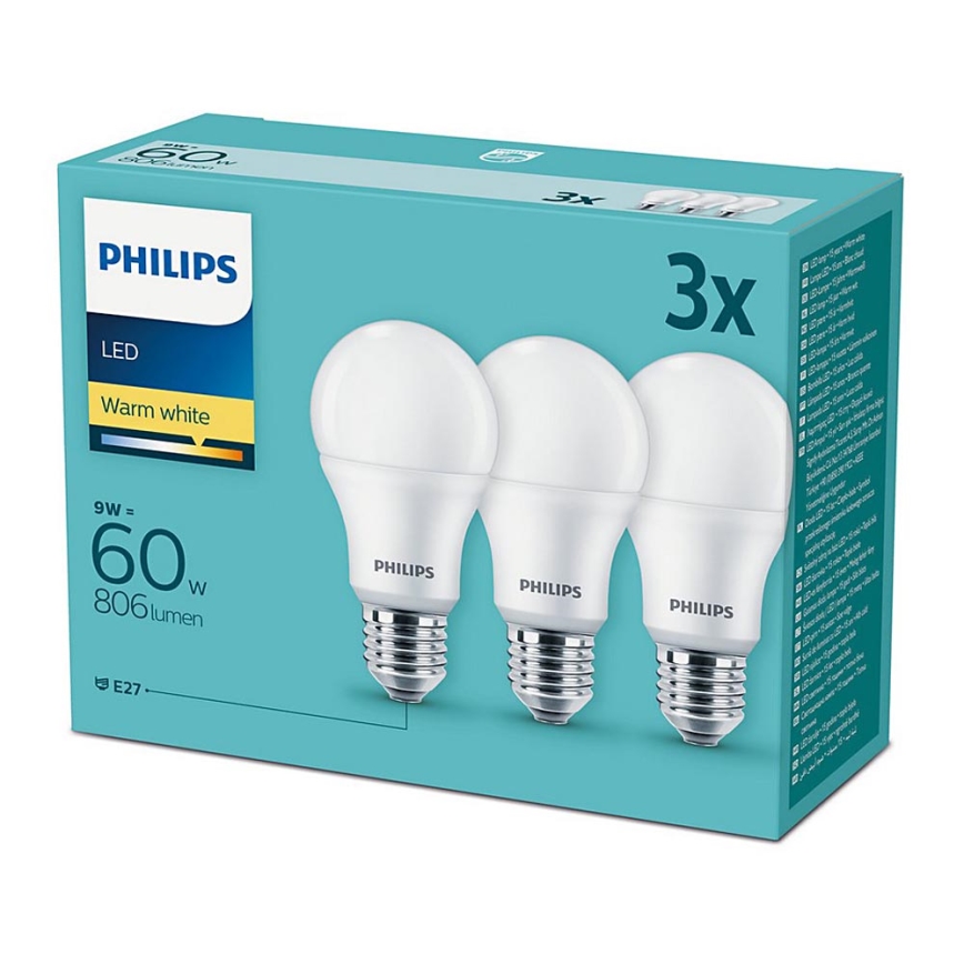 SET 3x LED Žarulja Philips E27/9W/230V 2700K