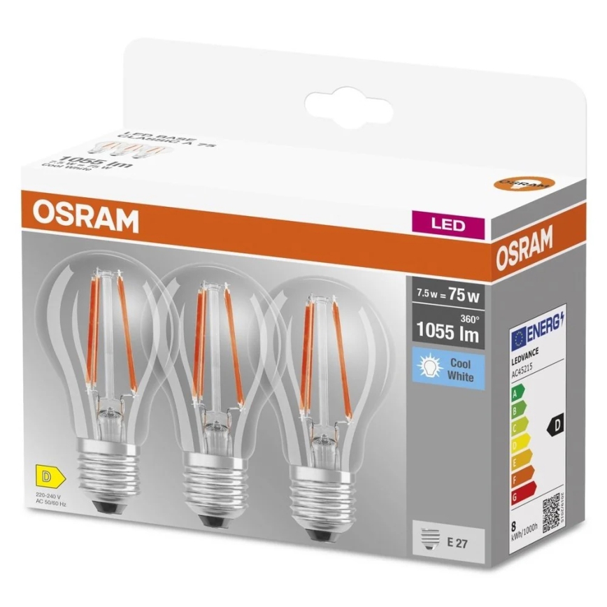 SET 3x LED žarulje BASE CLASSIC FILAMENT A60 E27/7,5W/230V 4000K - Osram