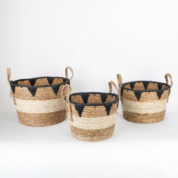 SET 3x Slamnata košara bež/crna 27x20/30x22/36x28 cm