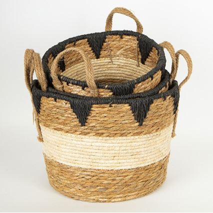 SET 3x Slamnata košara bež/crna 27x20/30x22/36x28 cm