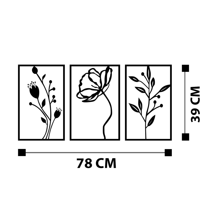 SET 3x Zidna dekoracija 78x39 cm cvijeće metal