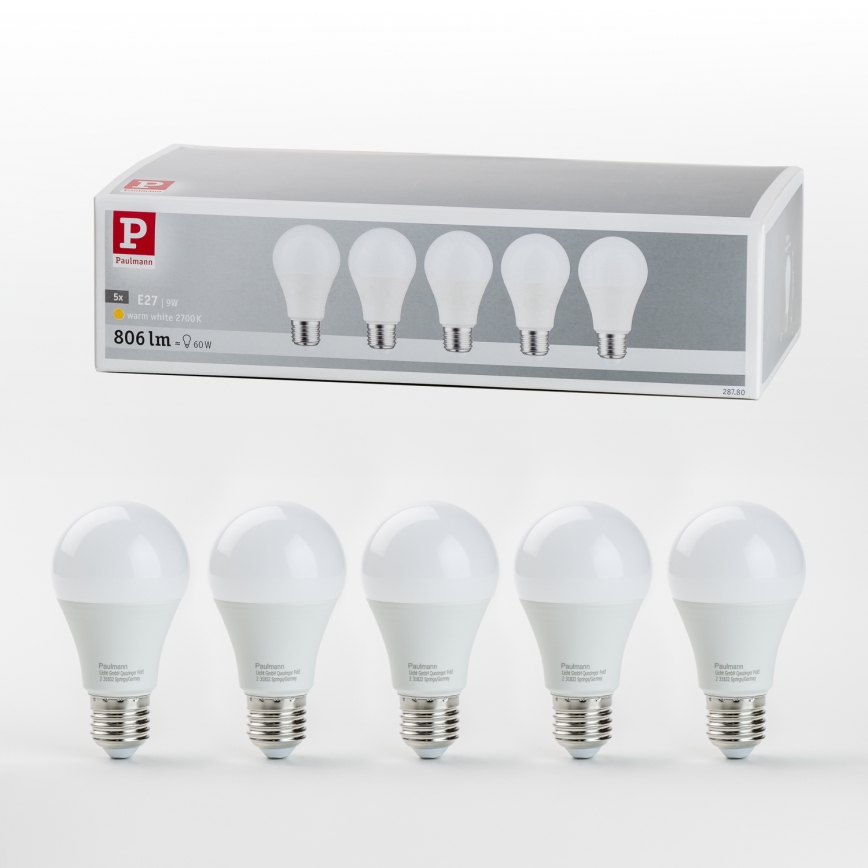 SET 5x LED Žarulja A60 E27/9W/230V 2700K - Paulmann 28780