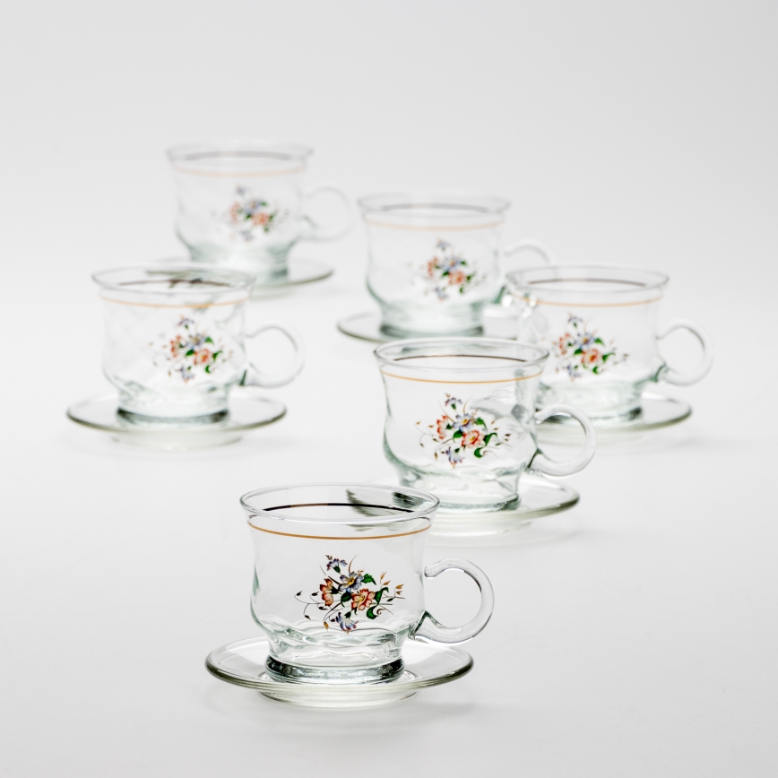 Set 6x staklena šalica s tanjurićem prozirna buket cvijeća br. 2