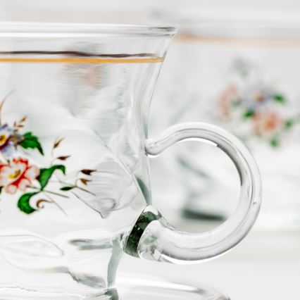 Set 6x staklena šalica s tanjurićem prozirna buket cvijeća br. 2