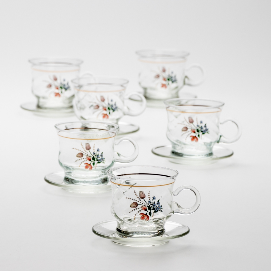 Set 6x staklena šalica s tanjurićem prozirna buket cvijeća br. 3