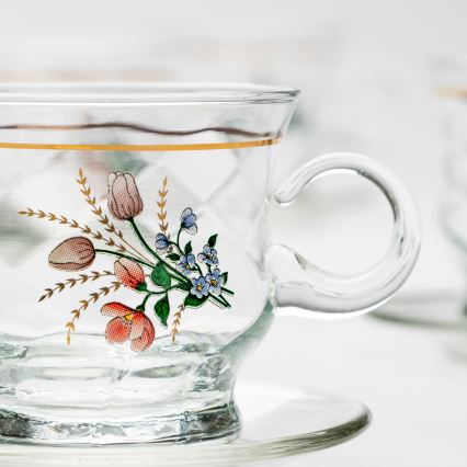 Set 6x staklena šalica s tanjurićem prozirna buket cvijeća br. 3