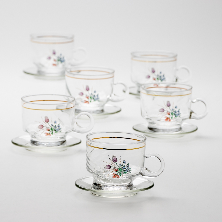 Set 6x staklena šalica s tanjurićem prozirna buket cvijeća br. 5