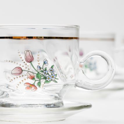 Set 6x staklena šalica s tanjurićem prozirna buket cvijeća br. 5