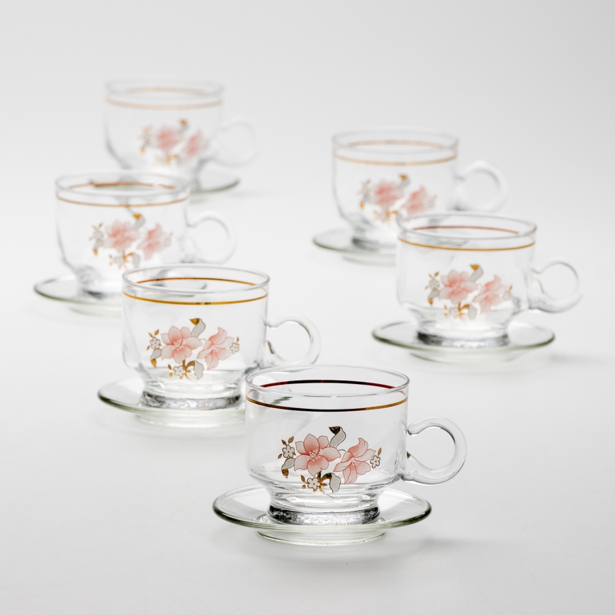 Set 6x staklena šalica s tanjurićem prozirna buket cvijeća br. 6