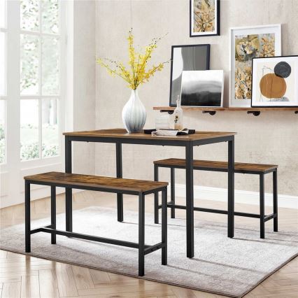 SET Barski stol 110x70 cm + 2x klupe 97x30 cm TREVOR smeđa/crna