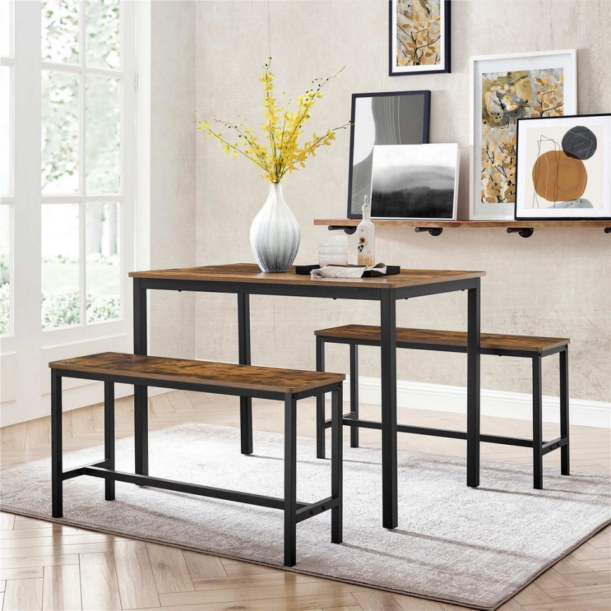SET Barski stol 110x70 cm + 2x klupe 97x30 cm TREVOR smeđa/crna
