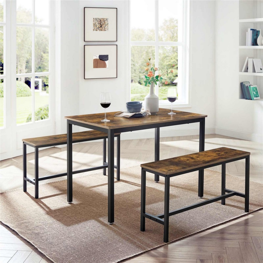 SET Barski stol 110x70 cm + 2x klupe 97x30 cm TREVOR smeđa/crna