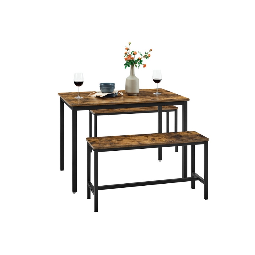 SET Barski stol 110x70 cm + 2x klupe 97x30 cm TREVOR smeđa/crna