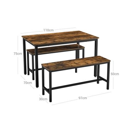 SET Barski stol 110x70 cm + 2x klupe 97x30 cm TREVOR smeđa/crna