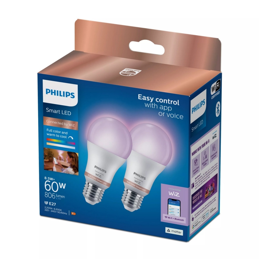 SET 2x LED RGB prigušiva žarulja Philips SMART A60 E27/8,5W/230V 2200-6500K