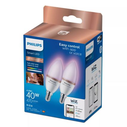 Komplet od 2 LED RGB žarulje s mogućnošću prigušivanja Philips SMART C37 E14/4,9W/230V 2200-6500K CRI 90