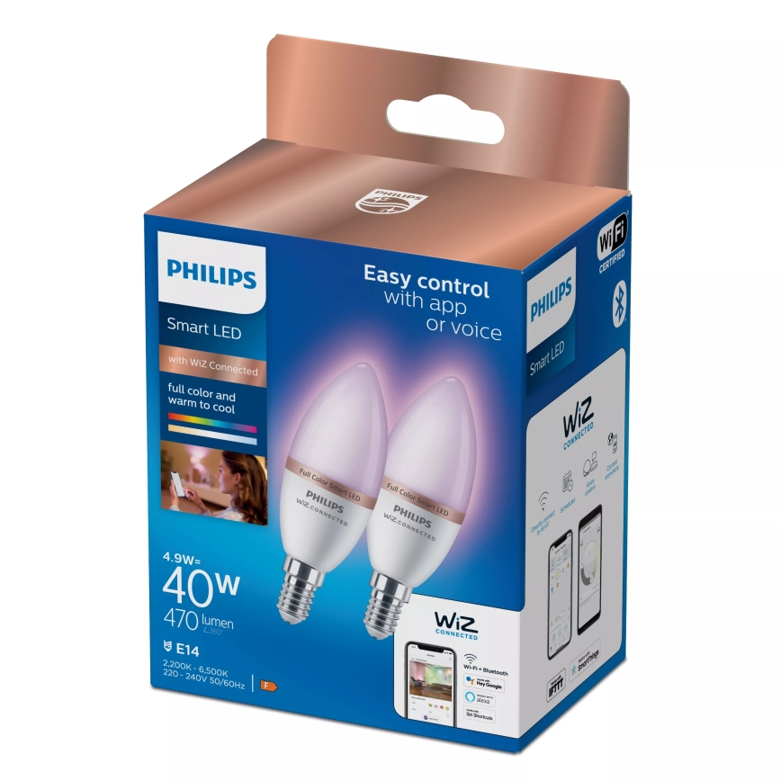 Komplet od 2 LED RGB žarulje s mogućnošću prigušivanja Philips SMART C37 E14/4,9W/230V 2200-6500K CRI 90