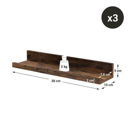 Set od 3 zidnih polica SHELFY 38x5x10 cm, smeđa