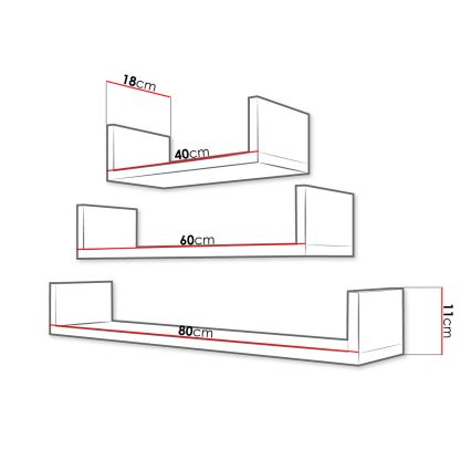 SET od 3 zidnih polica TRIO 40/60/80x11x18 cm hrast sonoma