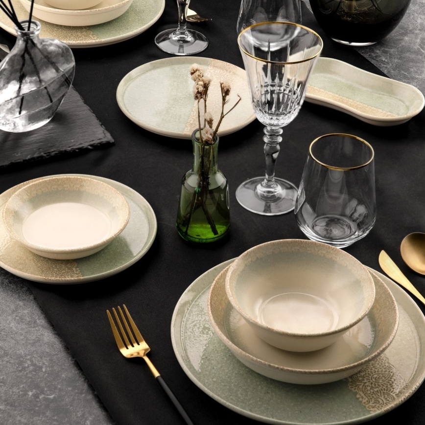 Set za jelo, 27 kom., bež/zeleno, porculan