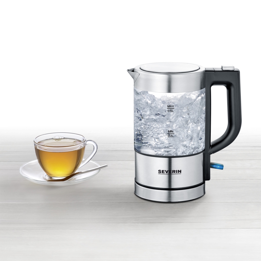 Severin WK 3472 - Brzo električno kuhalo za vodu 0,5 l, 1100 W/230 V, nehrđajući čelik/staklo