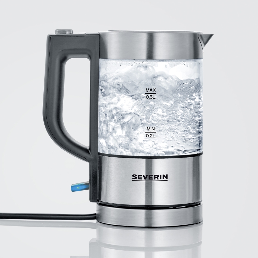 Severin WK 3472 - Brzo električno kuhalo za vodu 0,5 l, 1100 W/230 V, nehrđajući čelik/staklo