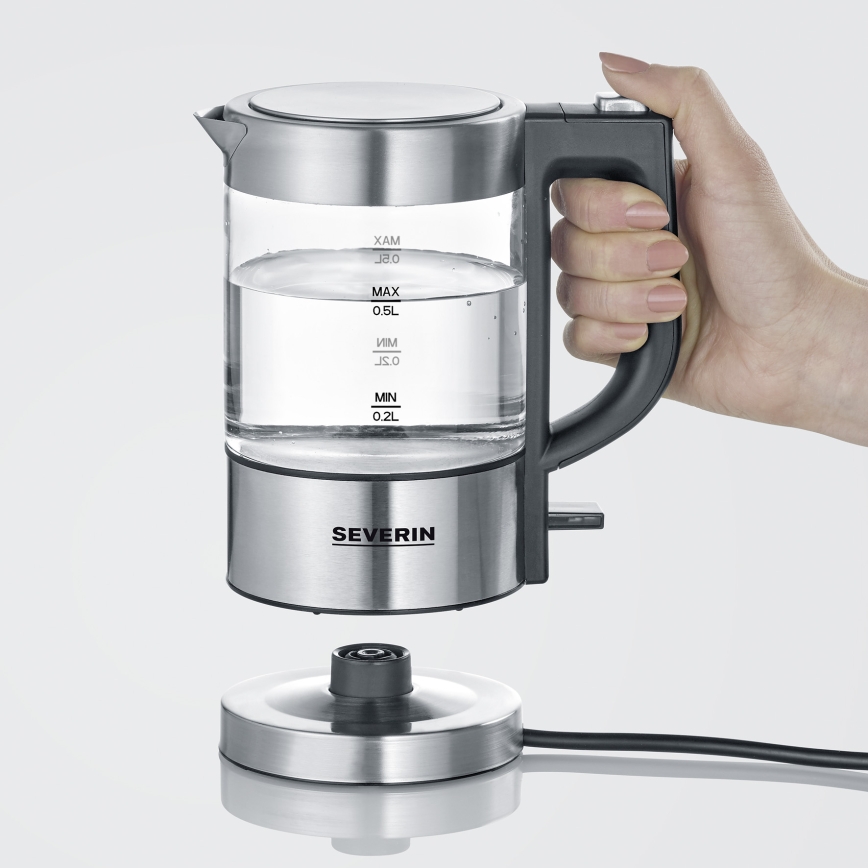 Severin WK 3472 - Brzo električno kuhalo za vodu 0,5 l, 1100 W/230 V, nehrđajući čelik/staklo