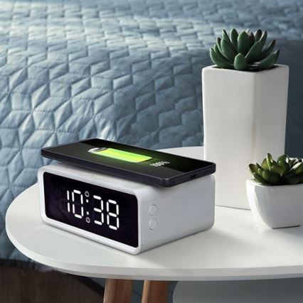 Digitalni sat s Qi bežičnim punjačem 230V/CR2032, bijeli