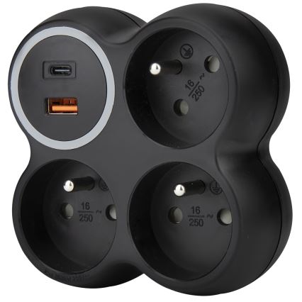 Razdjelna utičnica 3x 15A s USB A+C, crna