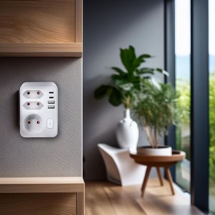 Produžni razdjelnik 1×16 A + 2×2,5 A s 2× USB punjačem (USB‑A i USB‑C), bijeli