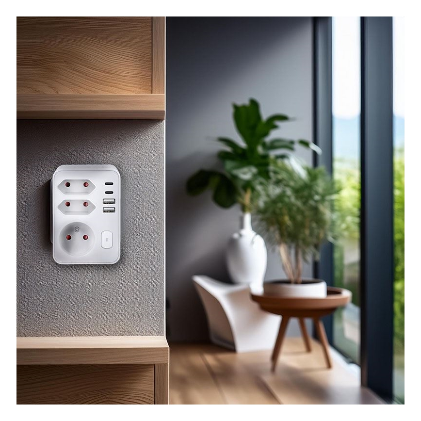 Produžni razdjelnik 1×16 A + 2×2,5 A s 2× USB punjačem (USB‑A i USB‑C), bijeli