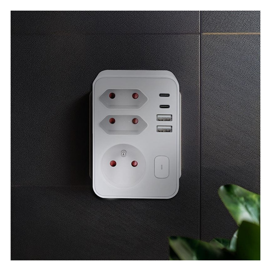 Produžni razdjelnik 1×16 A + 2×2,5 A s 2× USB punjačem (USB‑A i USB‑C), bijeli