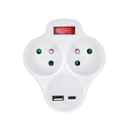 Razdjelnik s utičnicom i USB A+C punjačem te prekidačem 2x10A bijele boje