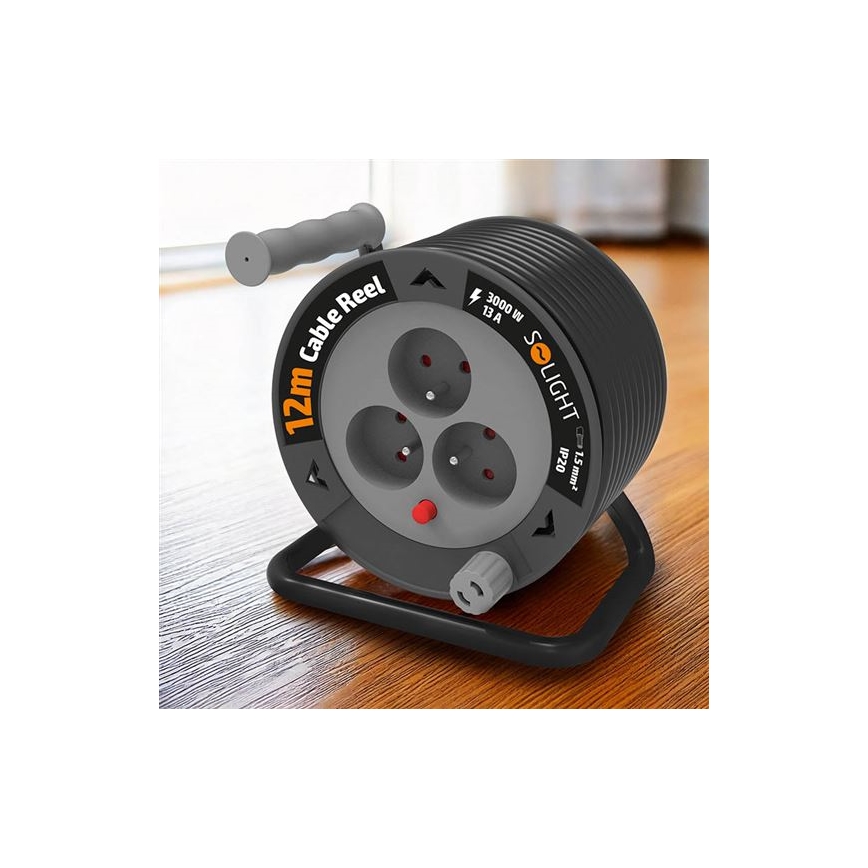 Produžni kabel na kolutu s 3 utičnicama, 12 m