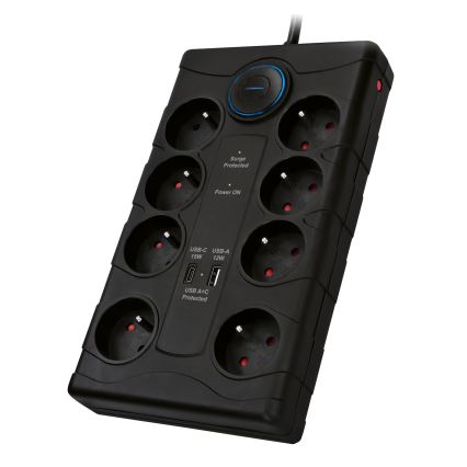 Produžni kabel s prekidačem 8Z Tip E + 1xUSB-A + 1xUSB-C 2m crni
