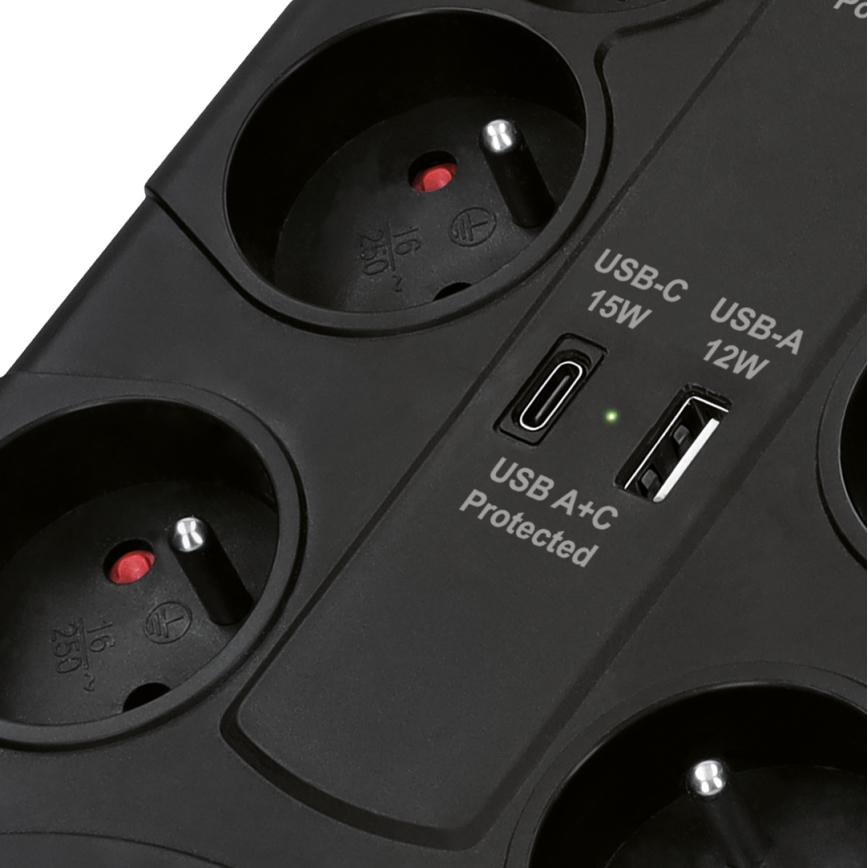 Produžni kabel s prekidačem 8Z Tip E + 1xUSB-A + 1xUSB-C 2m crni