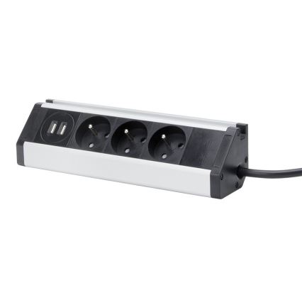 Produžni kabel 3Z + 2xUSB 1,5 m aluminij/crna