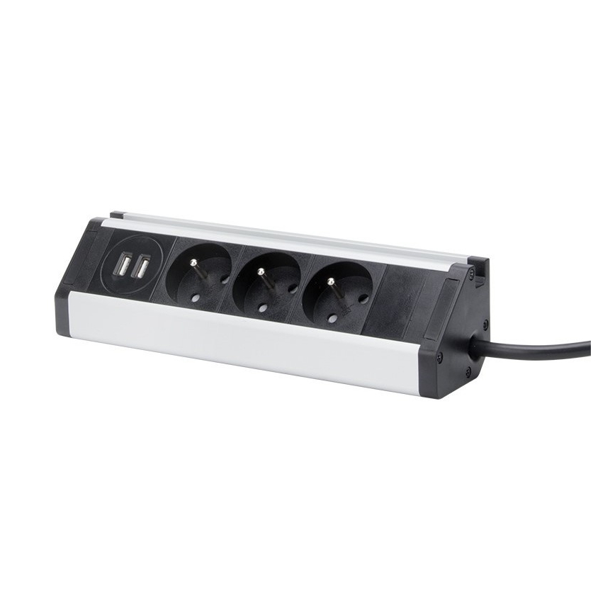 Produžni kabel 3Z + 2xUSB 1,5 m aluminij/crna