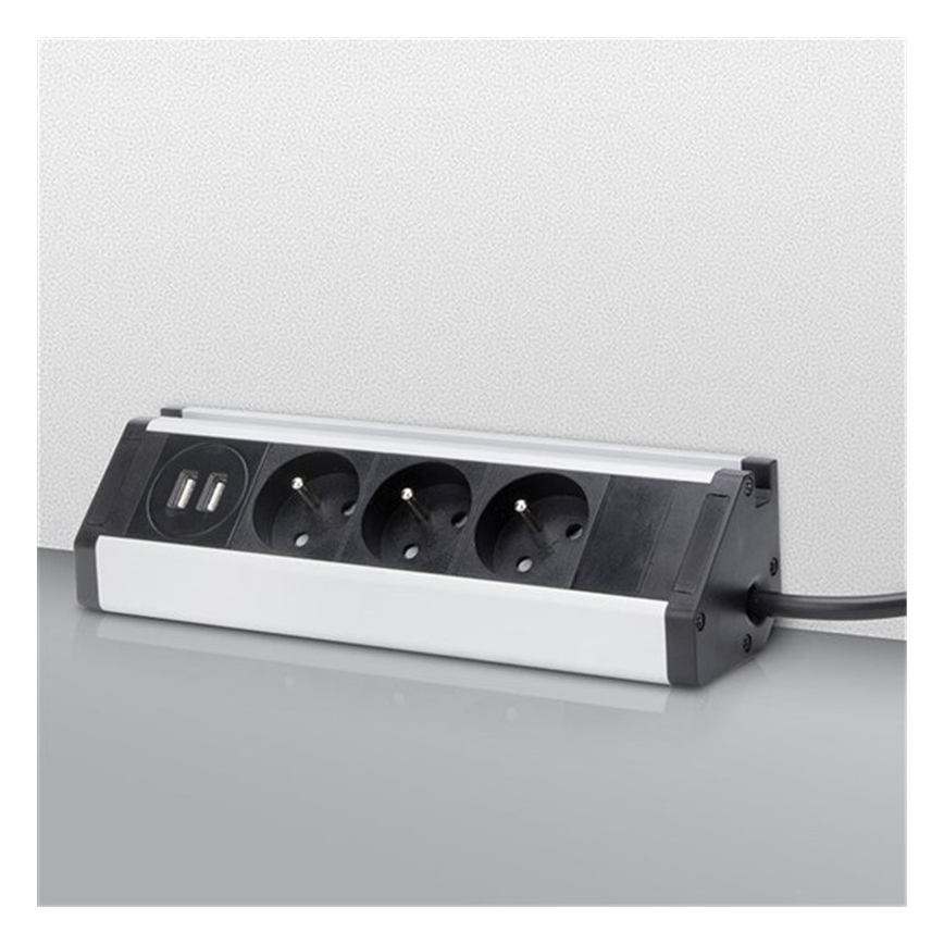 Produžni kabel 3Z + 2xUSB 1,5 m aluminij/crna