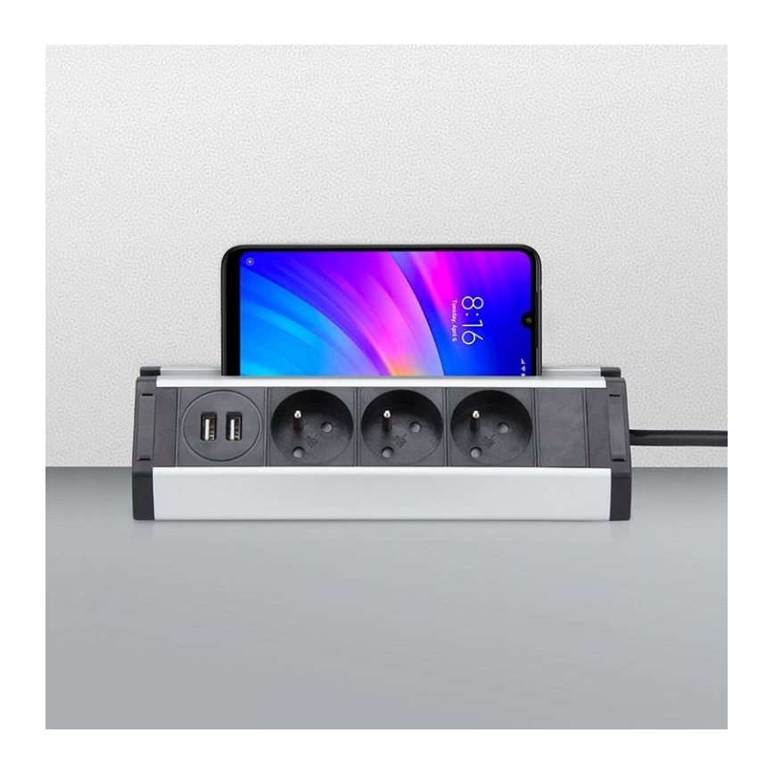 Produžni kabel 3Z + 2xUSB 1,5 m aluminij/crna