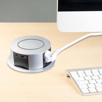 Stolni stupić s utičnicama i Qi bežičnim punjenjem 3x230V + 1xUSB-A + 1xUSB-C srebrna/crna