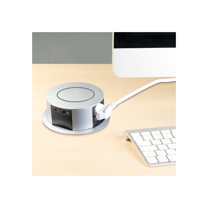 Stolni stupić s utičnicama i Qi bežičnim punjenjem 3x230V + 1xUSB-A + 1xUSB-C srebrna/crna