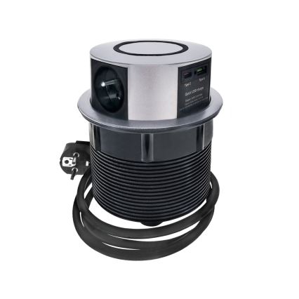 Stolni stupić s utičnicama i Qi bežičnim punjenjem 3x230V + 1xUSB-A + 1xUSB-C srebrna/crna