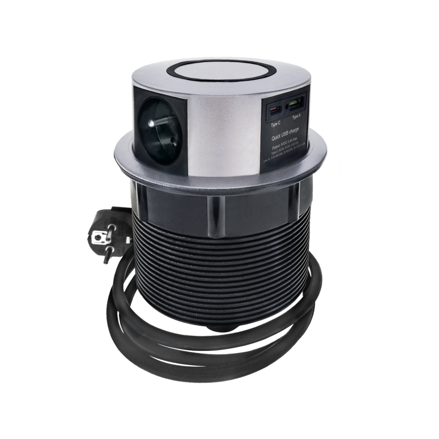 Stolni stupić s utičnicama i Qi bežičnim punjenjem 3x230V + 1xUSB-A + 1xUSB-C srebrna/crna