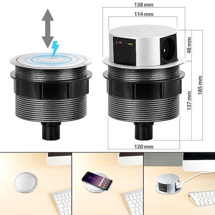 Stolni stupić s utičnicama i Qi bežičnim punjenjem 3x230V + 1xUSB-A + 1xUSB-C srebrna/crna