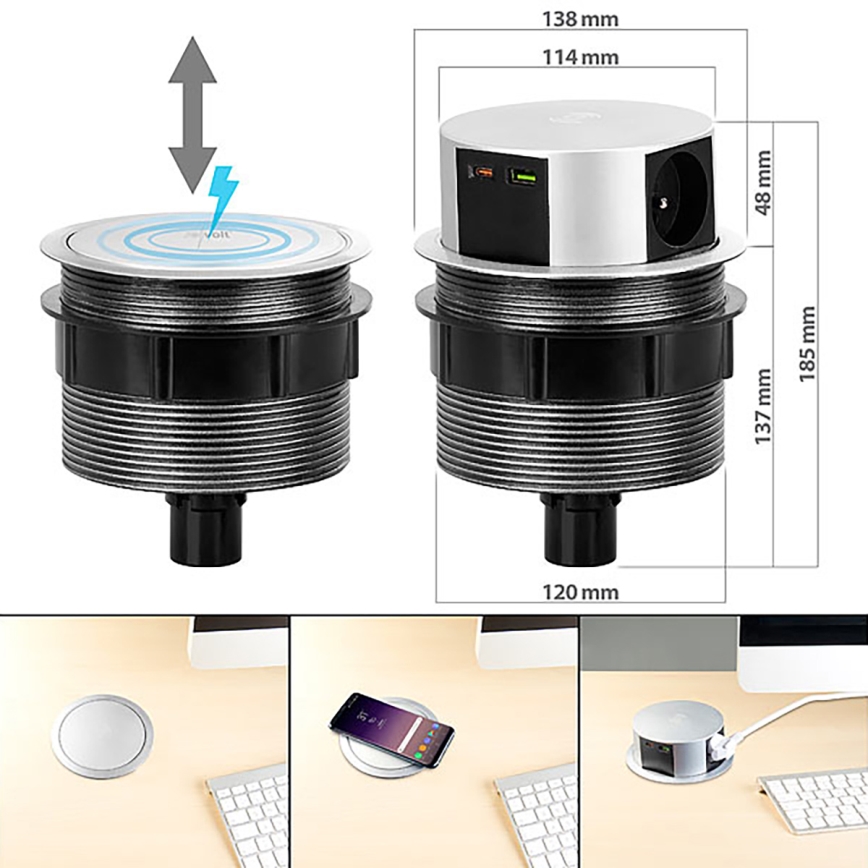 Stolni stupić s utičnicama i Qi bežičnim punjenjem 3x230V + 1xUSB-A + 1xUSB-C srebrna/crna