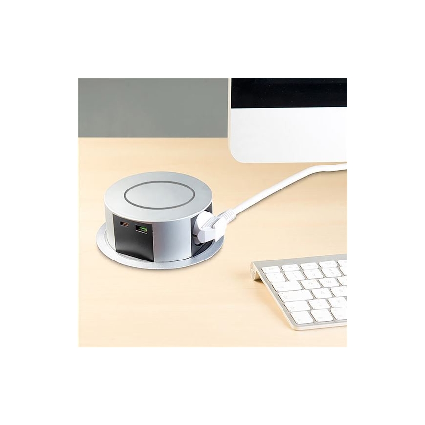 Izvlačni stup s utičnicama za stol 3x230V + 2xUSB + bežično punjenje