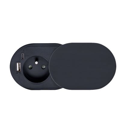 Ugradna utičnica s kliznim poklopcem 20W, 1x utičnica + USB-A i USB-C, crna