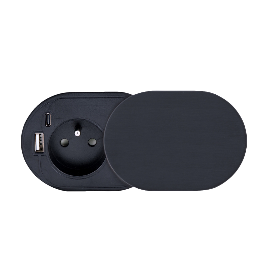Ugradna utičnica s kliznim poklopcem 20W, 1x utičnica + USB-A i USB-C, crna